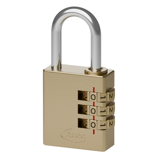 ASEC Brass Open Shackle Combination Padlock - 30mm 3 Wheel (Boxed)