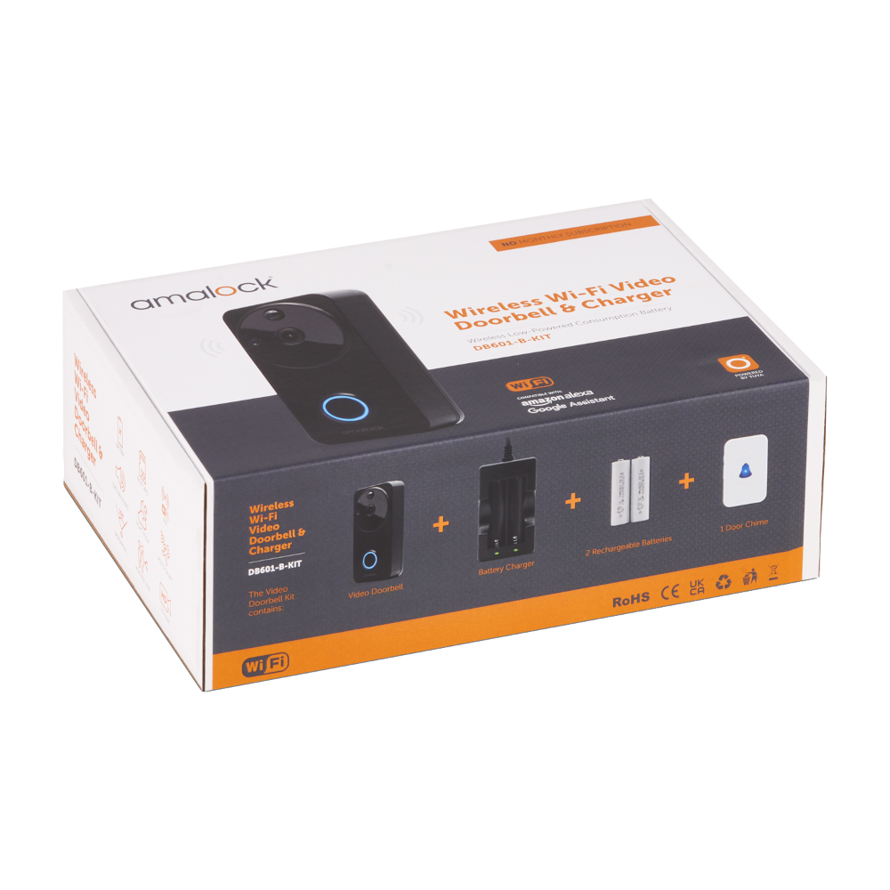 AMALOCK DB601 Wireless Doorbell & Chime Kit With Battery Charger And Rechargeable Batteries - Black