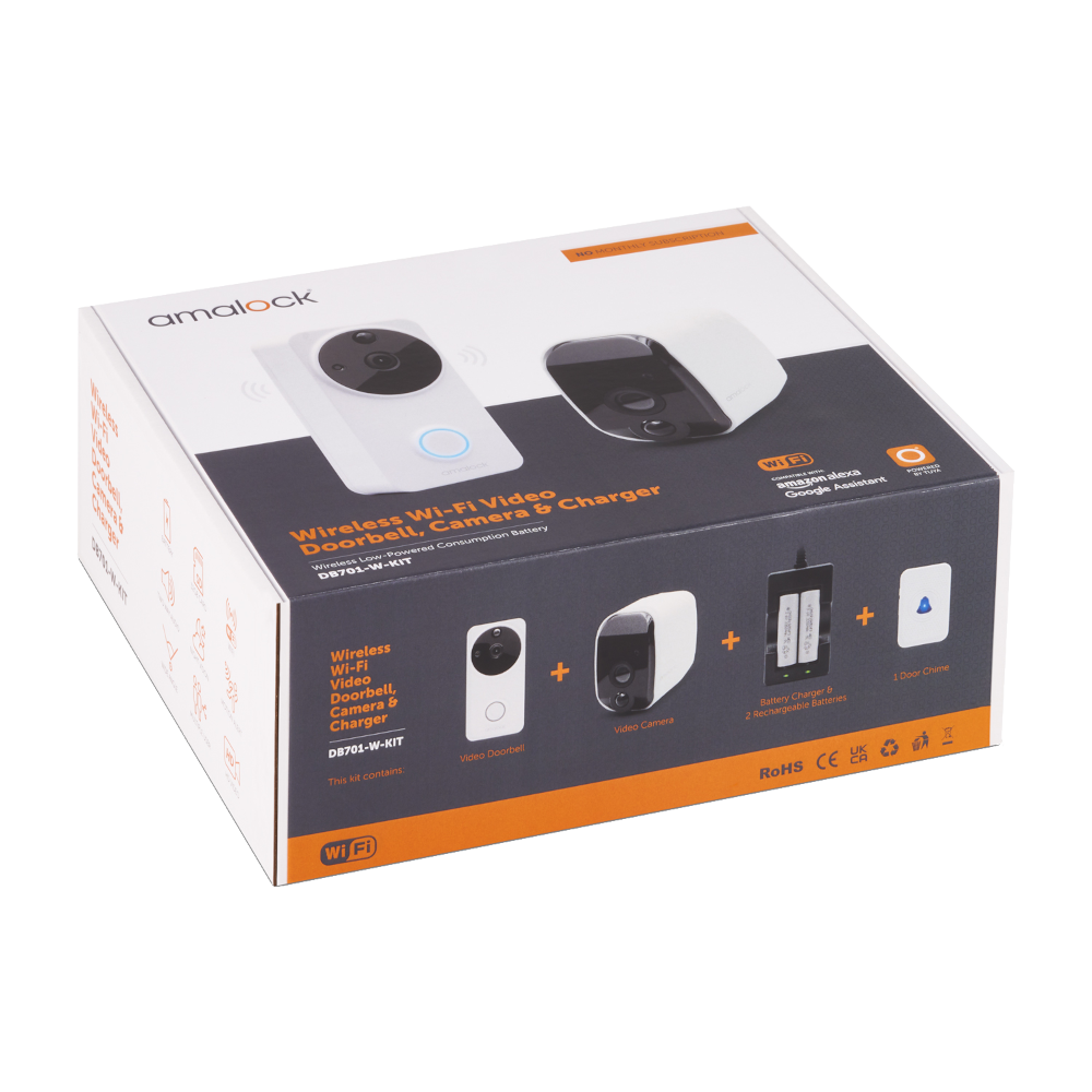 AMALOCK DB701 Wireless Doorbell & Chime Kit With 1 x White CAM200A Camera, Battery Charger And Rechargeable Batteries - White