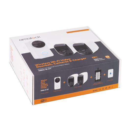 AMALOCK DB801 Wireless Doorbell & Chime Kit With 2 x White CAM200A Camera, Battery Charger And Rechargeable Batteries - White