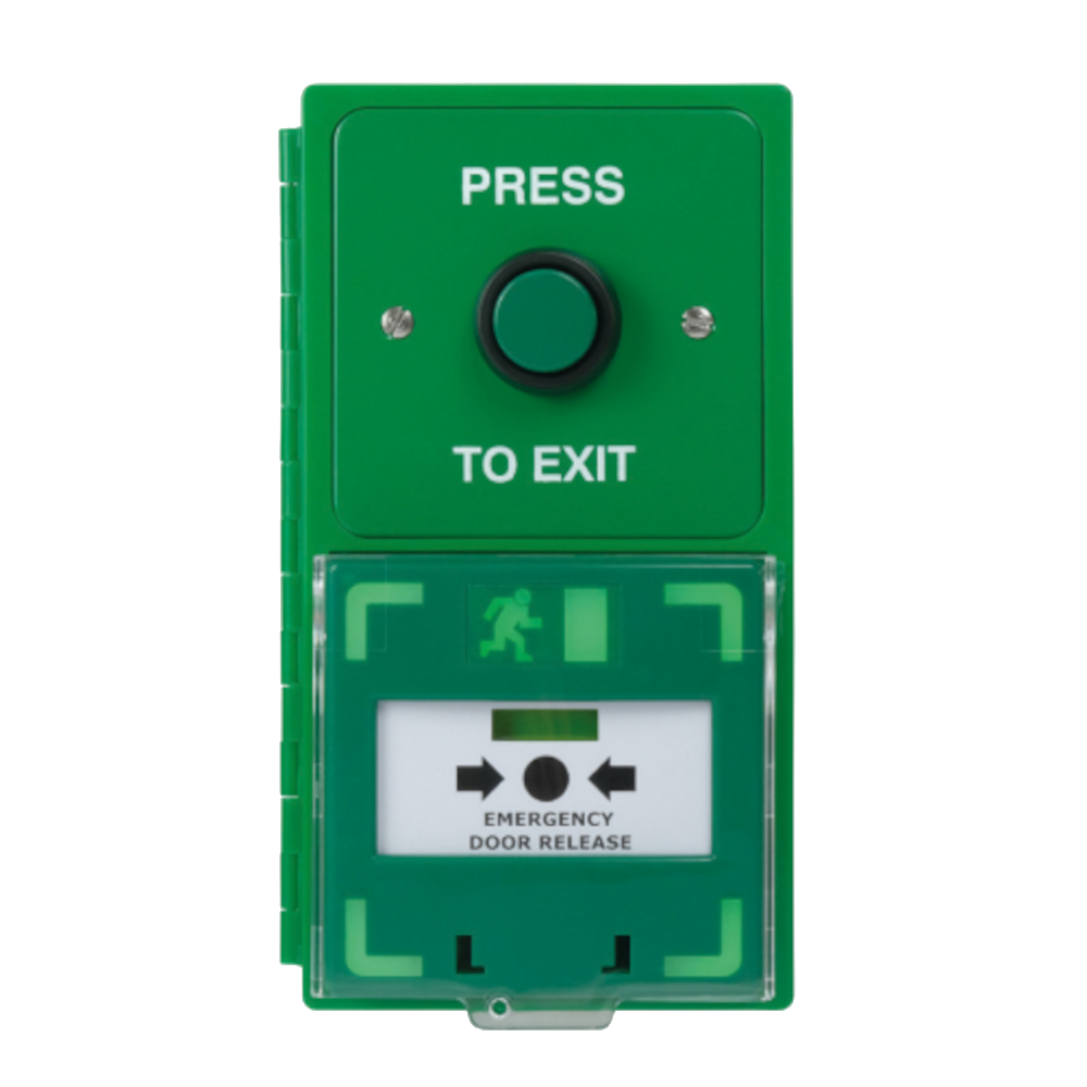 ICS Dual Unit MCP110 Call Point With Green Stainless Steel Exit Button - Vertical DBB-H-08-110-V