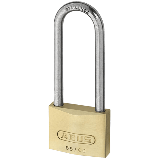 ABUS 65 Series Brass Long Stainless Steel Shackle Padlock - 40mm KD 63mm Shackle 65IB/40HB63 Visi