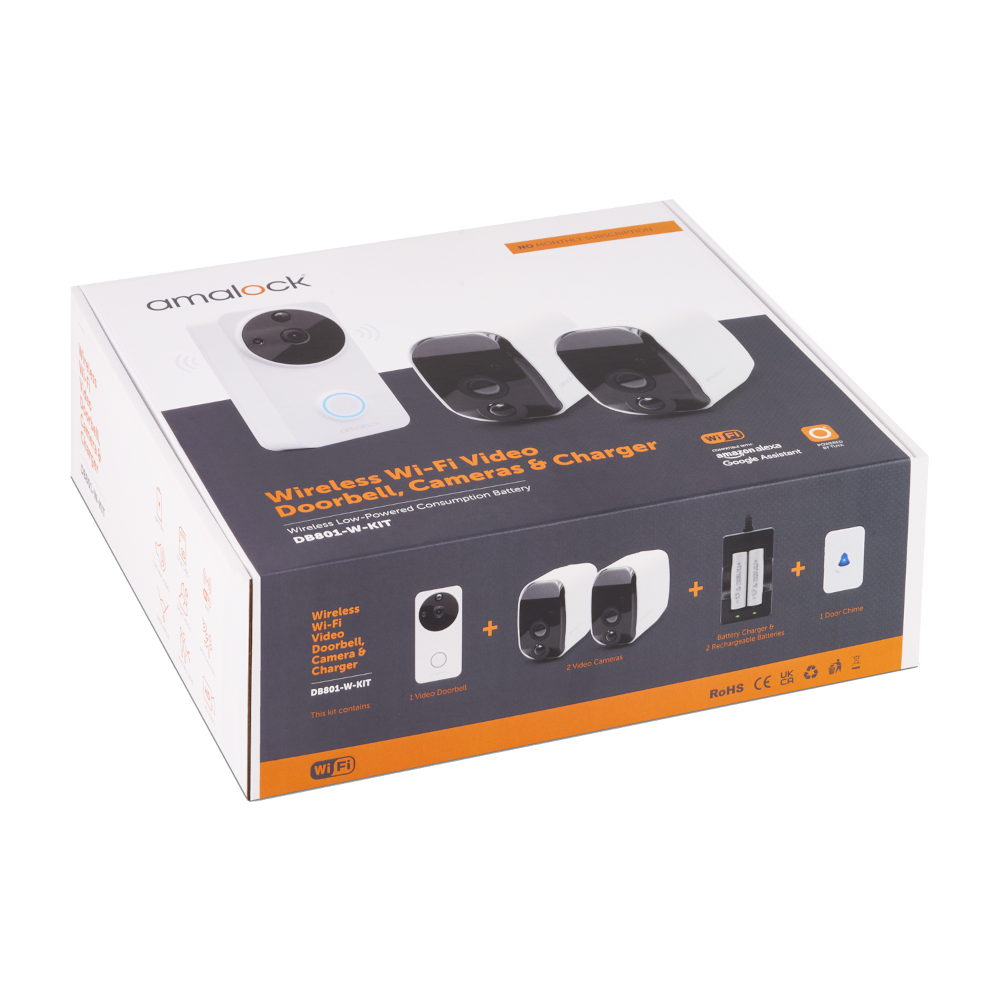 AMALOCK DB801 Wireless Doorbell & Chime Kit With 2 x White CAM200A Camera, Battery Charger And Rechargeable Batteries - White