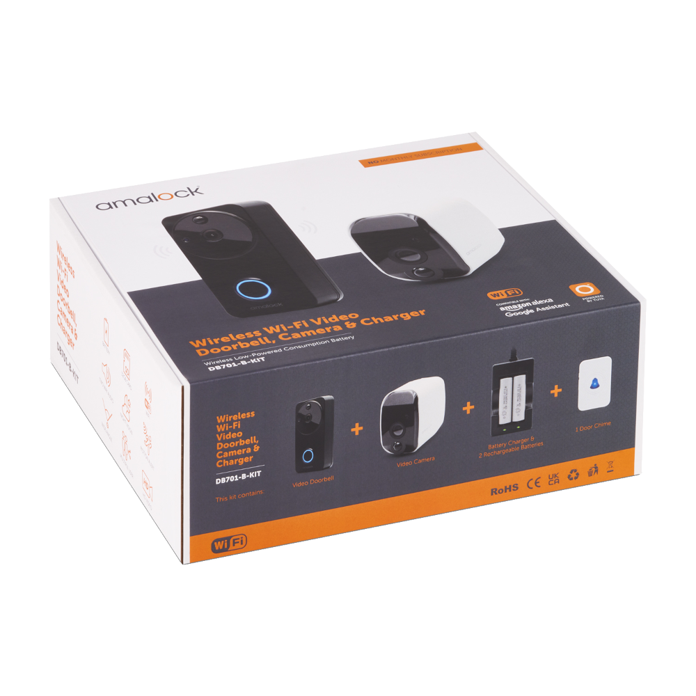 AMALOCK DB701 Wireless Doorbell & Chime Kit With 1 x White CAM200A Camera, Battery Charger And Rechargeable Batteries - Black