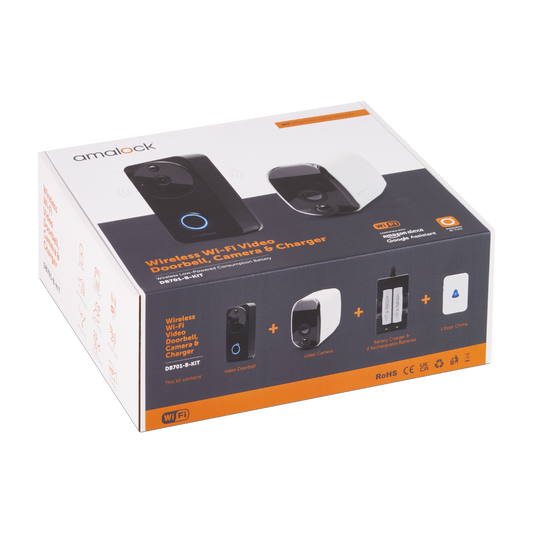 AMALOCK DB701 Wireless Doorbell & Chime Kit With 1 x White CAM200A Camera, Battery Charger And Rechargeable Batteries - Black