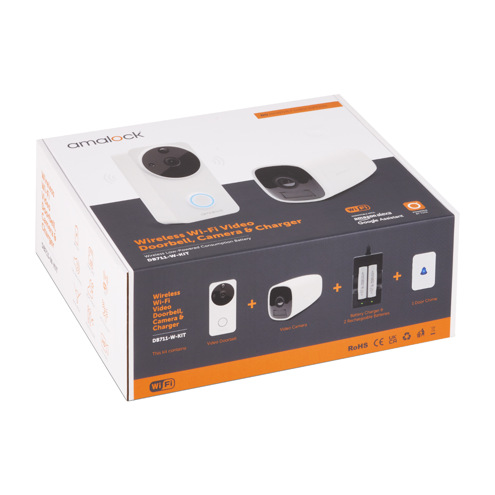 AMALOCK DB711/DB721 Wireless Doorbell & Chime Kit With 1 x CAM400 Camera, Battery Charger And Rechargeable Batteries - White 