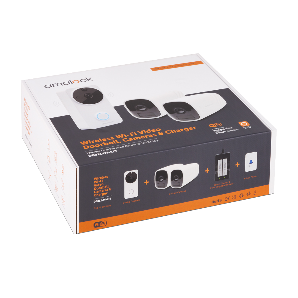 AMALOCK DB811/DB821 Wireless Doorbell & Chime Kit With 2 x CAM400 Camera's, Battery Charger And Rechargeable Batteries - Whit