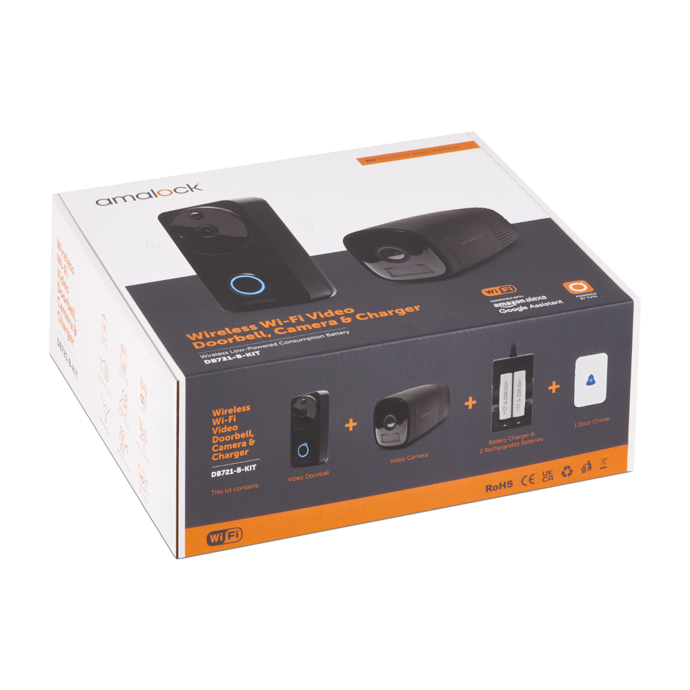 AMALOCK DB711/DB721 Wireless Doorbell & Chime Kit With 1 x CAM400 Camera, Battery Charger And Rechargeable Batteries - Black 