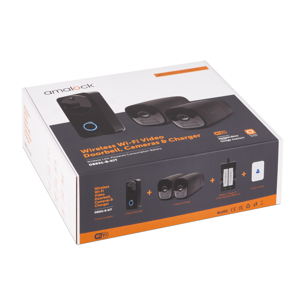 AMALOCK DB811/DB821 Wireless Doorbell & Chime Kit With 2 x CAM400 Camera's, Battery Charger And Rechargeable Batteries - Blac
