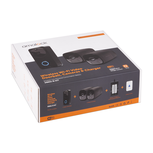 AMALOCK DB811/DB821 Wireless Doorbell & Chime Kit With 2 x CAM400 Camera's, Battery Charger And Rechargeable Batteries - Blac